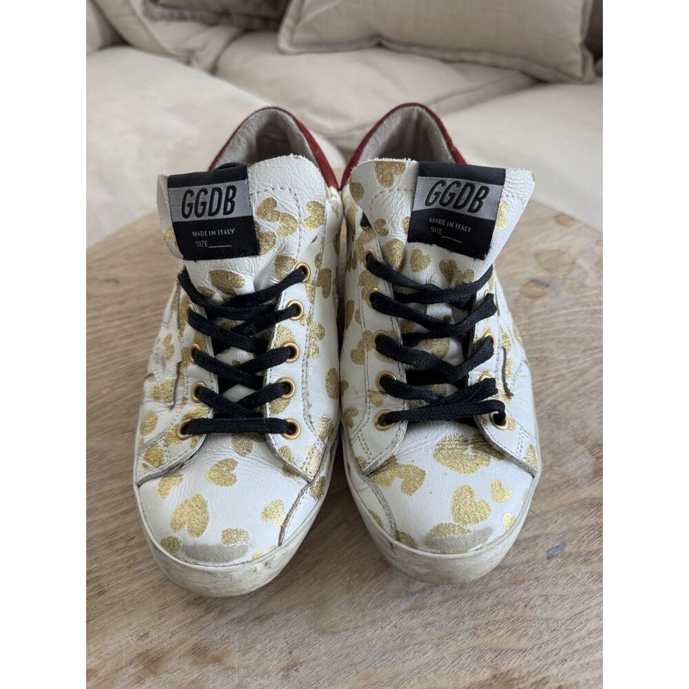 GOLDEN GOOSE Gold Glitter Hearts Burgundy Suede Heel Size 37 - Picture 3 of 10